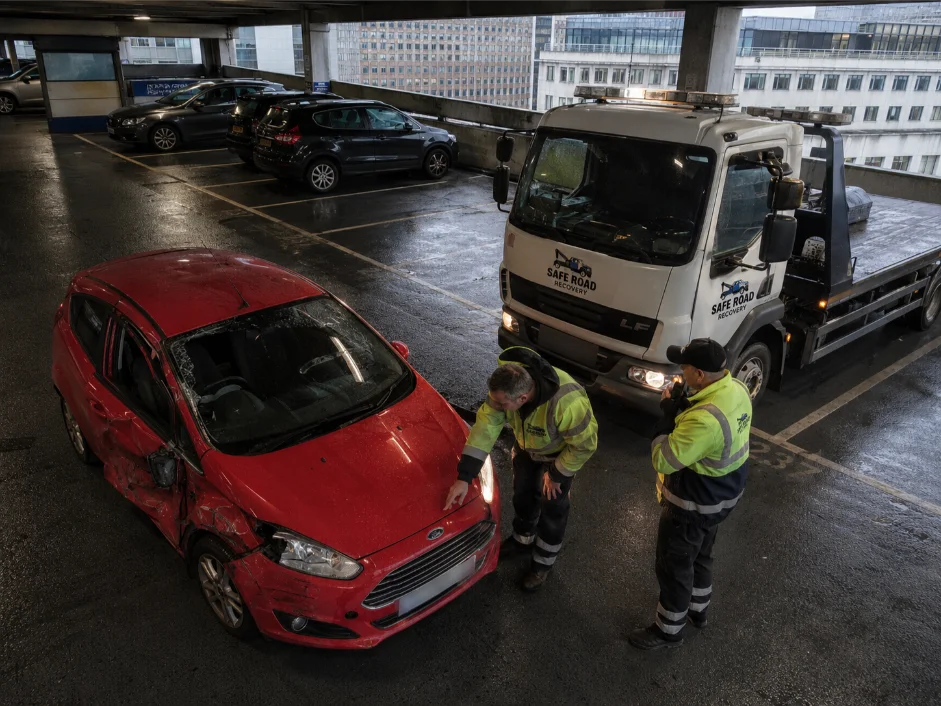 Safe Road Recovery accident recovery of red Ford Car in London