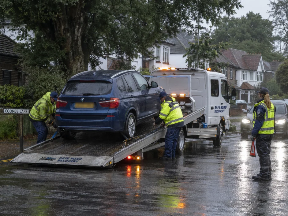 BMW X3 Flatbed Recovery Coombe Land Rainy Road