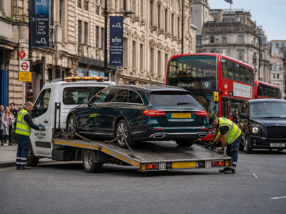 Car Recovery and transport of Mercedes Benz at Charing Cross