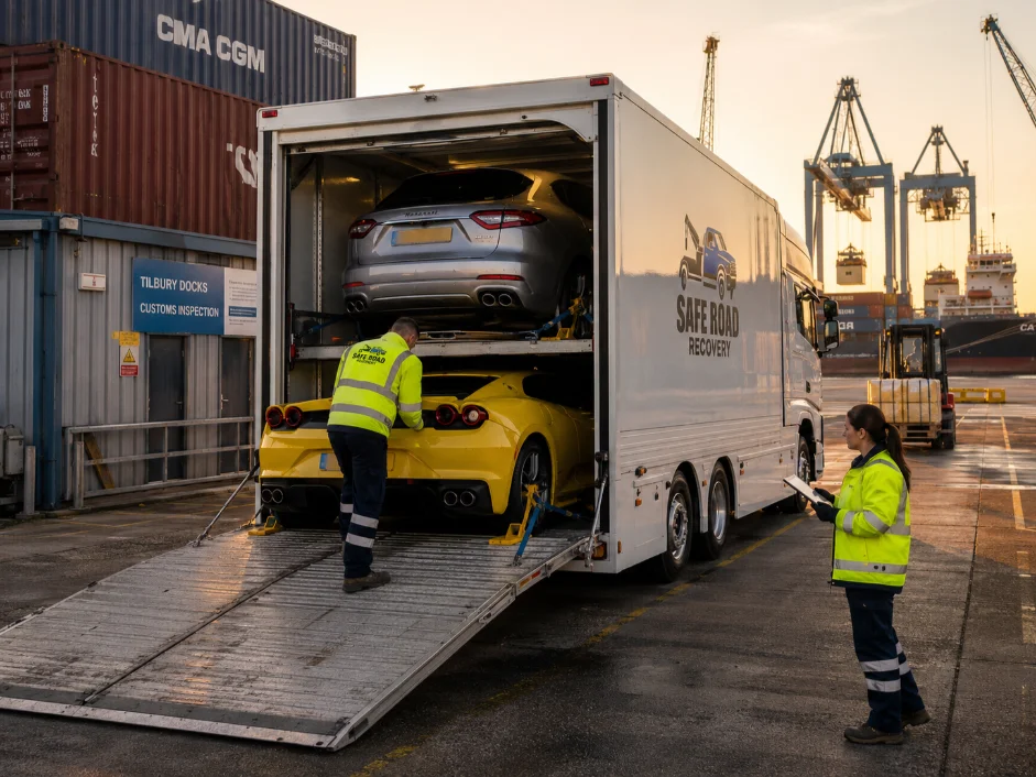 Enclosed Car Transporter Ferrari 296 Maserati Levante Tilbury Docks