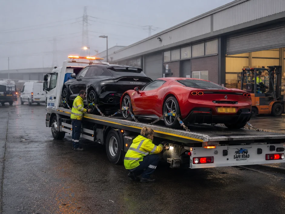 Ferrari 12 Cilindri Lotus Emeya flatbed transport Industrial Estate