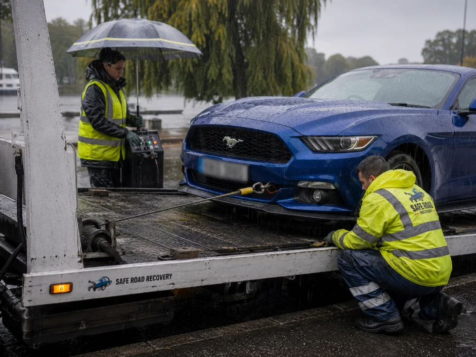 Ford Mustang Rainy Winch Recovery Riverside Road