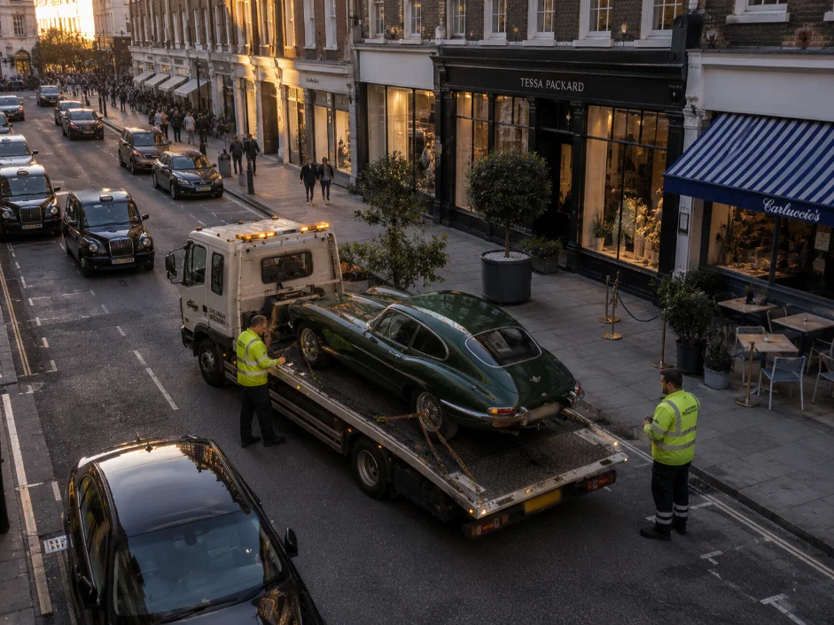 Jaguar E-type Classic Towing near Covent Garden