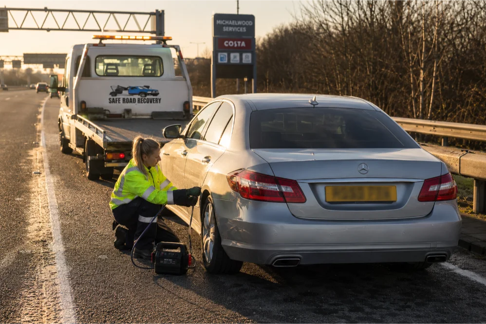 Mercedes Benz E-class Jump Start Michaelwood Services M5 Motorway