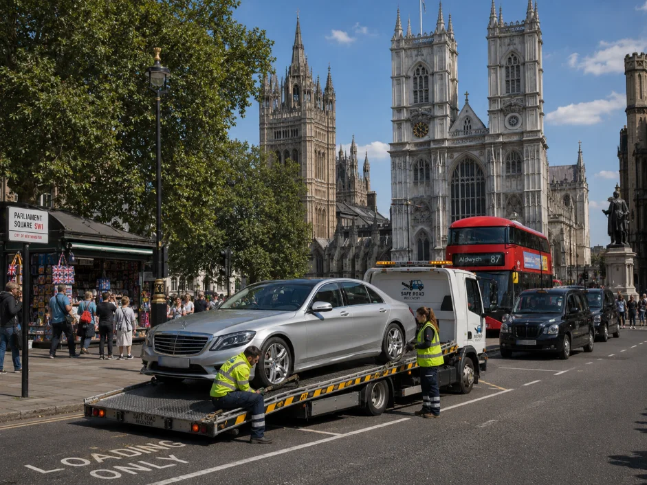 Mercedes S-class Flatbed Recovery Westminster Abbey