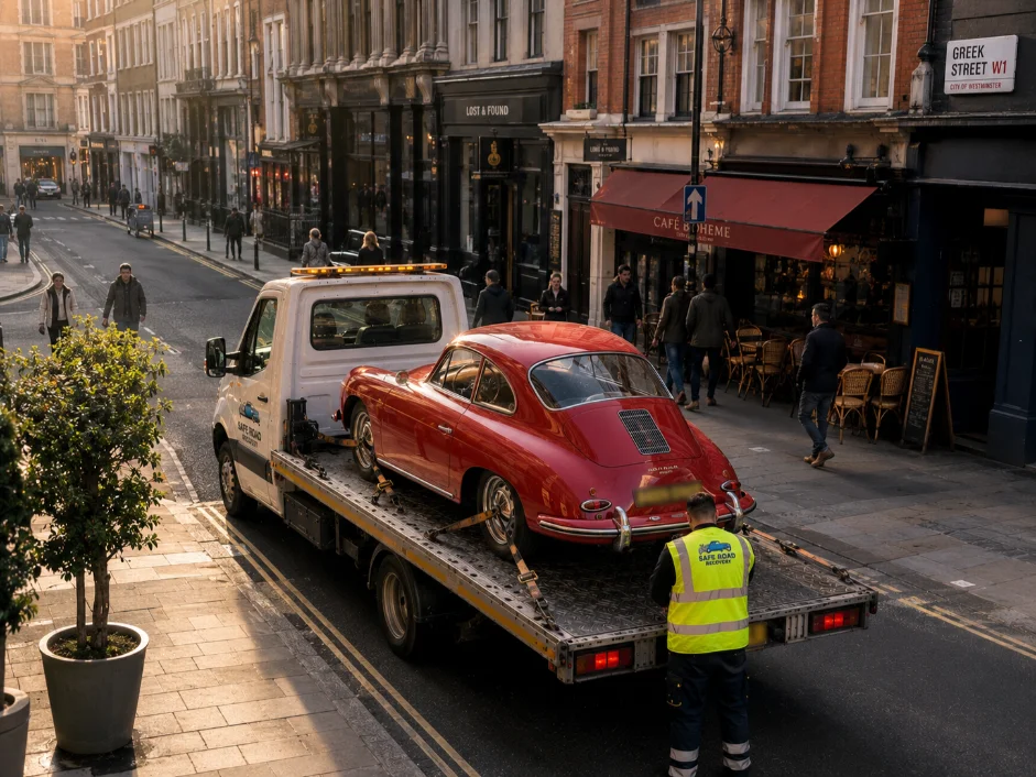 Porsche 356 Classic Car towing Greek Street Soho