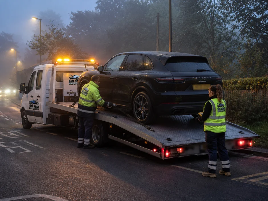 Porsche Cayenne Flatbed Recovery on a foggy morning