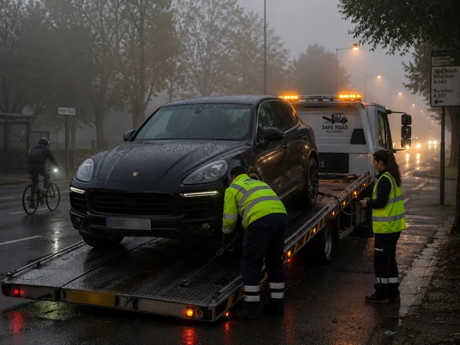 Porsche Cayenne flatbed recovery hook road Surbiton on a foggy morning