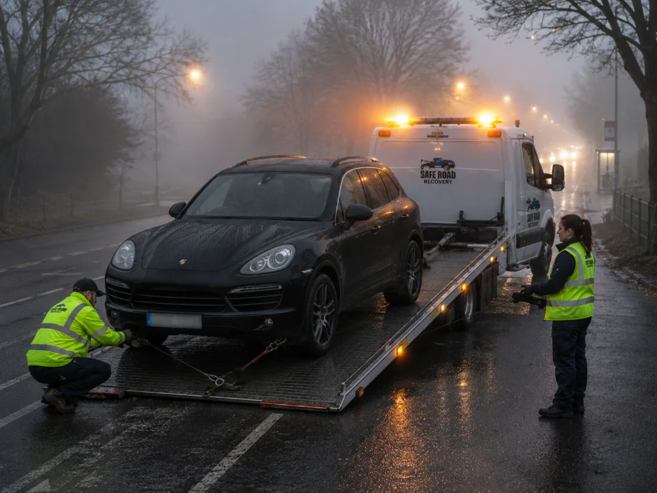 Porsche Cayenne foggy flatbed recovery Richmond Road