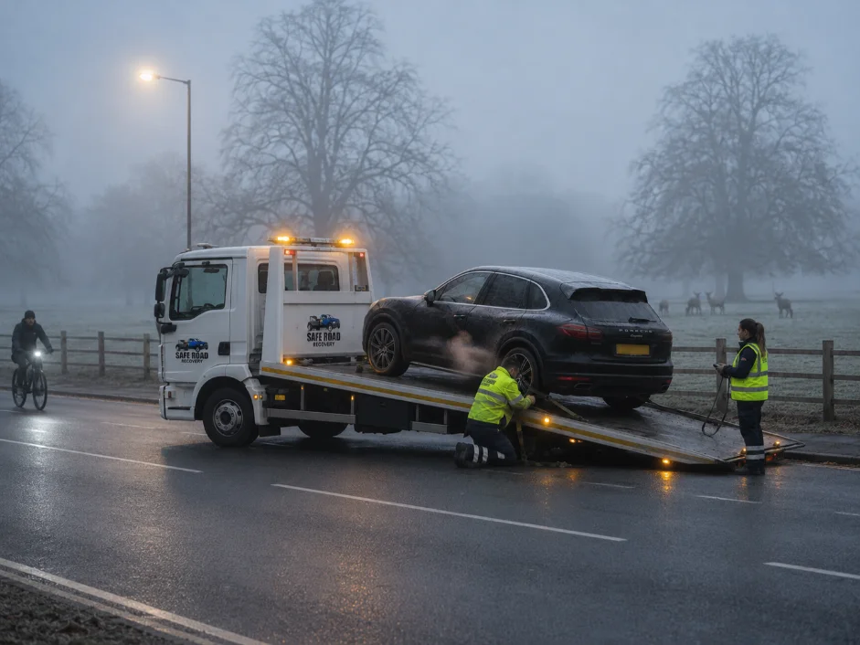 Porsche Cayenne Recovery Foggy Richmond Road