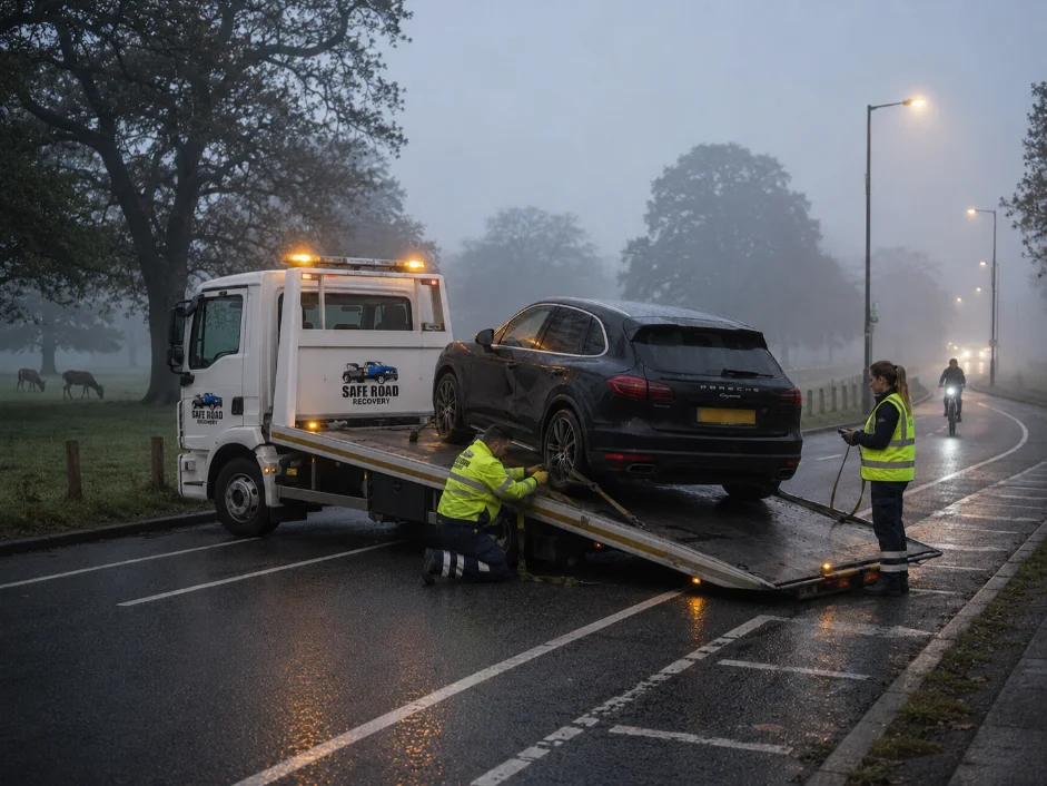 Porsche Cayenne Recovery Richmond Road in fog