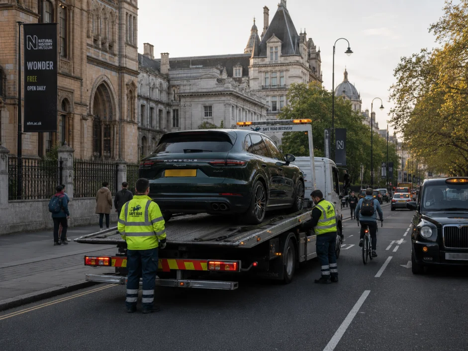South Kensington Car Recovery Porsche Cayenne near Natural History Museum