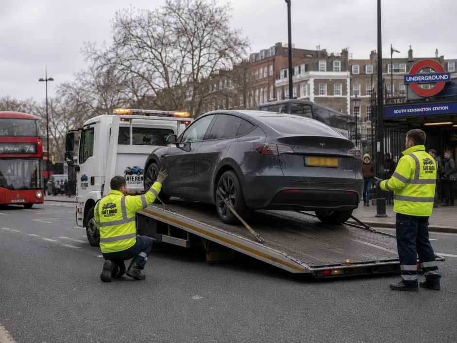 Car Recovery Tesla Model Y Station flatbed in South Kensington