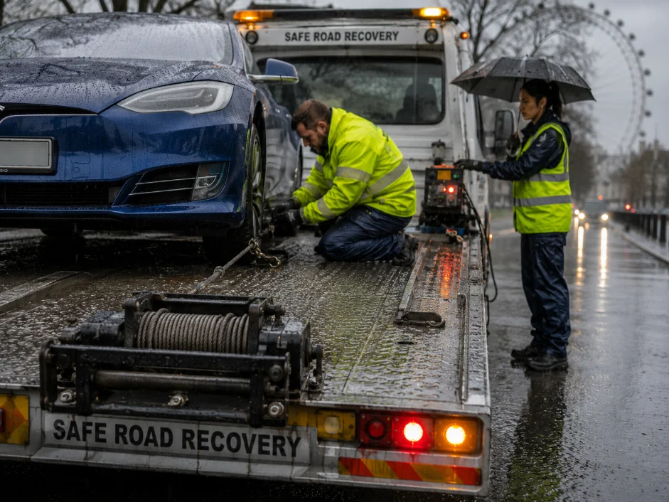 Tesla Model X Rainy Flatbed Recovery London Eye Westminster