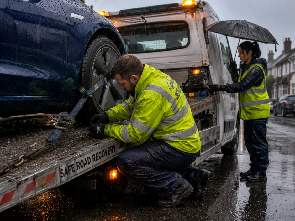 Tesla Model Y flatbed wheel strapping on a rainy day