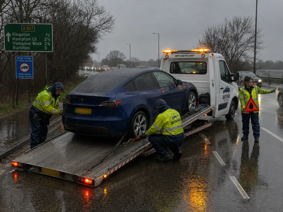 Tesla Model Y Recovery A307 Surbiton on a rainy day