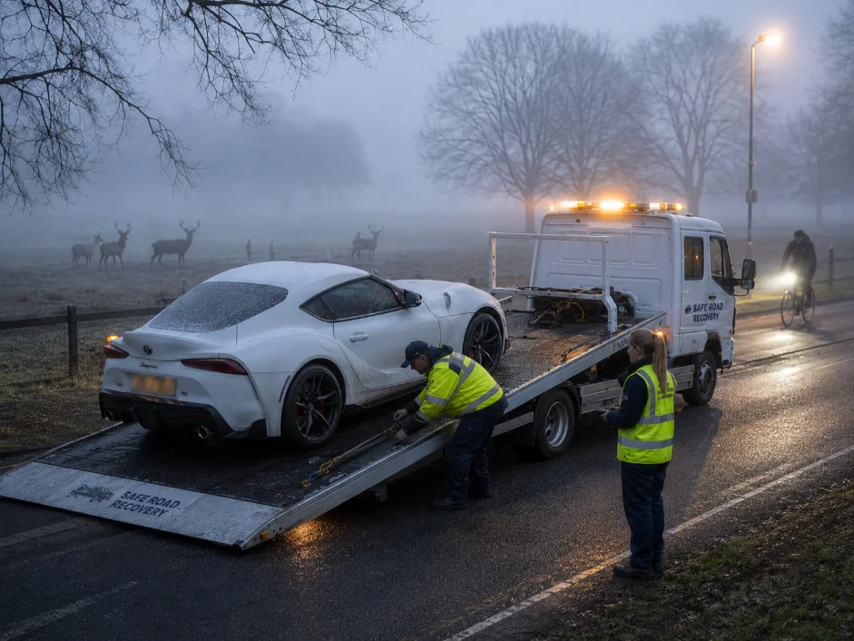Toyota Supra Flatbed Recovery Richmond Park foggy day