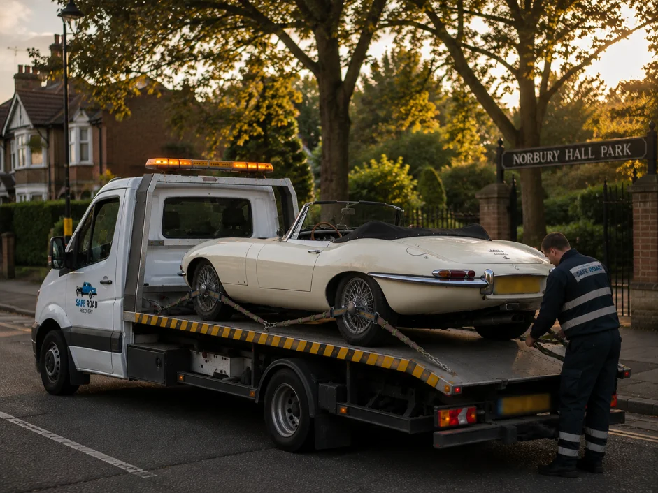 Classic white car recovery and assistance near Norbury Hall park