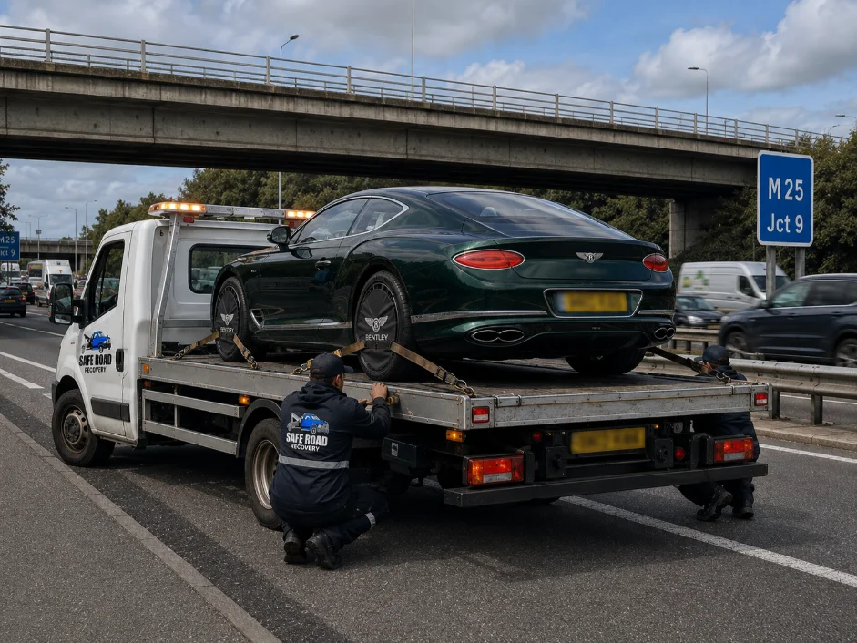 Bentley Continental GT luxury car recovery M25 Motorway Junction 9