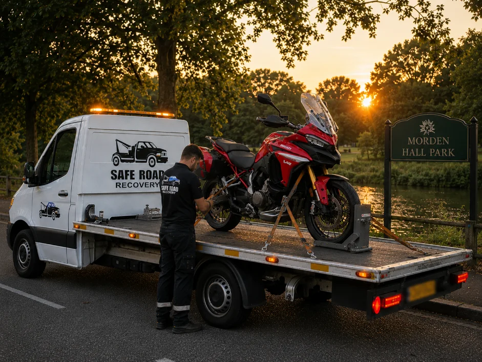 Ducati Multistrada Motorbike Towing Morden Hall Park, England