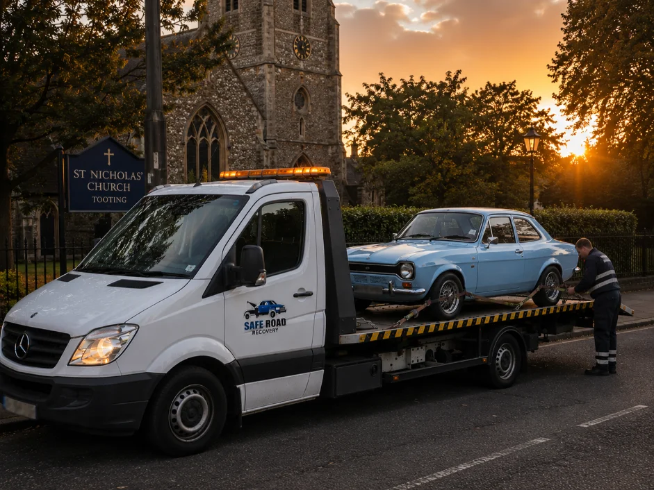Ford Escort MK1 Classic Car towing ST Nicholas Church Tooting, UK