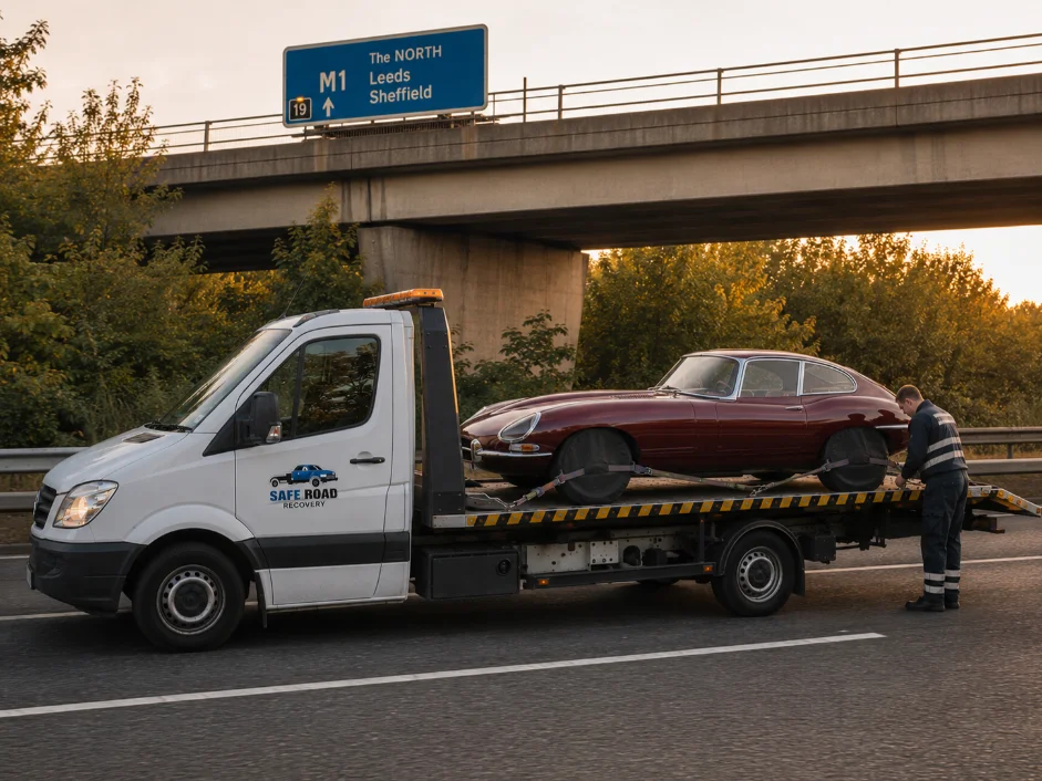 Jaguar E-type Classic Car Towing M1 Motorway near Junction 19, UK