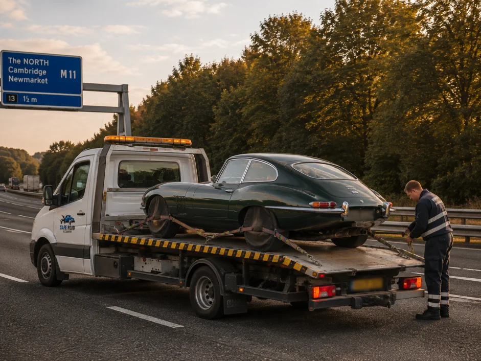 jaguar E-type Classic Car towing M11 Newmarket