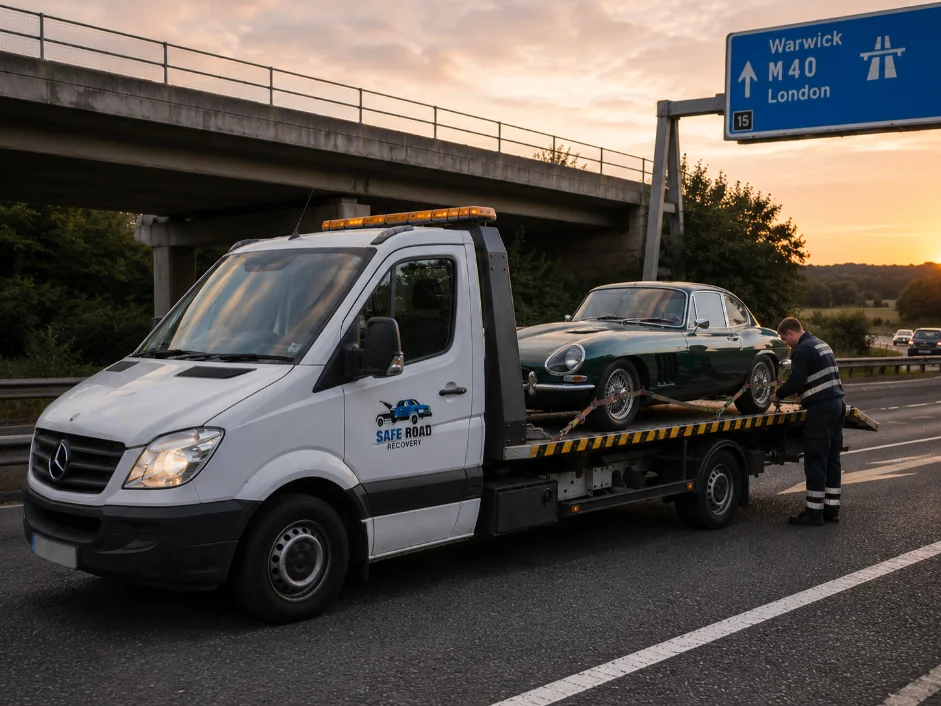 jaguar E-tpe Classic Car Recovery and towing on M40 Motorway
