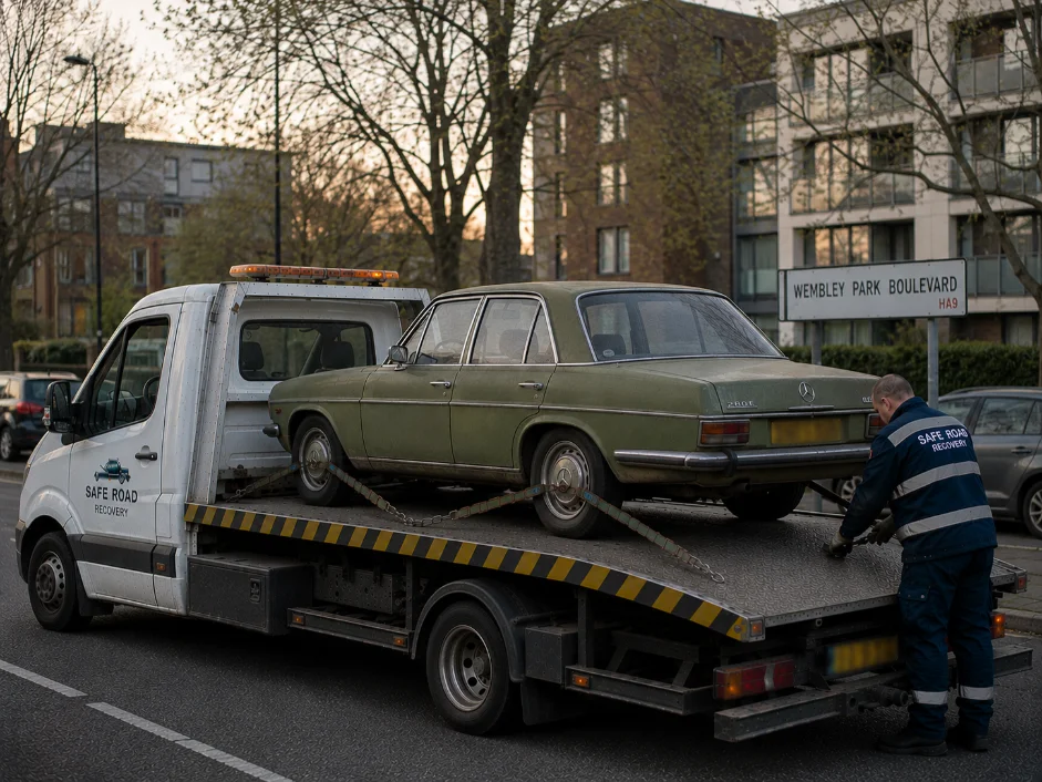 Mercedes 200 E car recovery in Wembly, United Kingdom