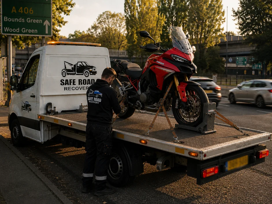 Motorcycle Rcovery Red Ducati A406 Road, UK