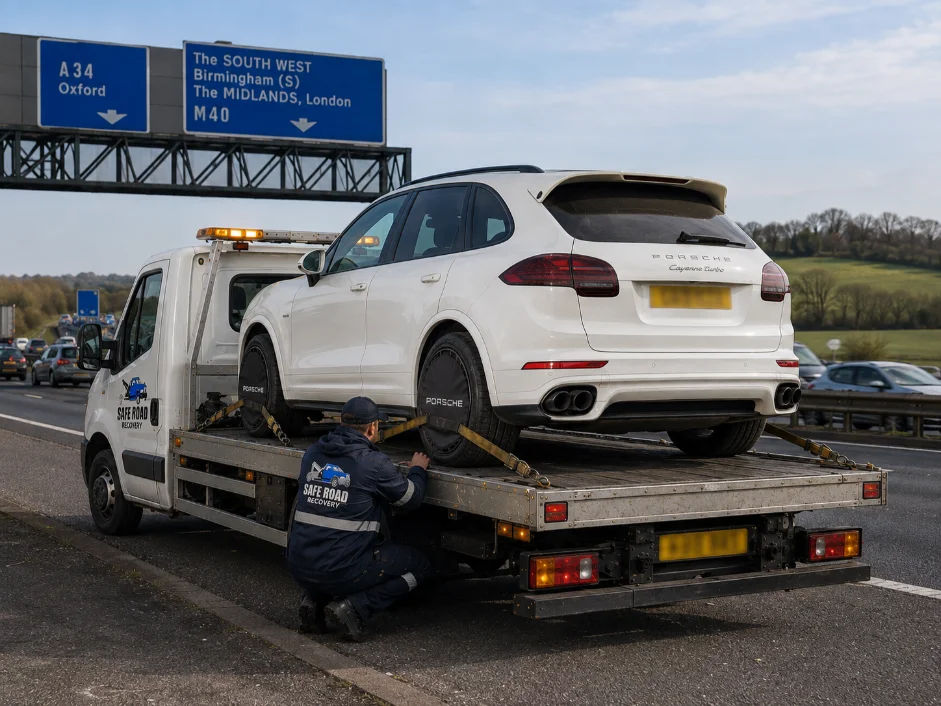 Porsche Cayenne Luxury Car Recovery Service on M40 motorway, Oxford