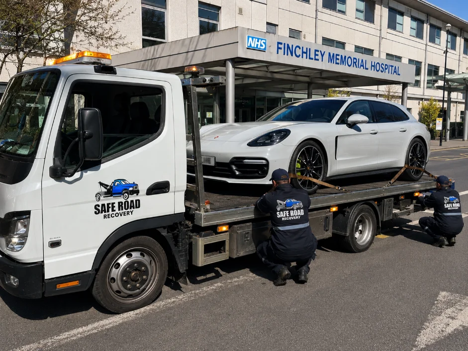Porsche Panamera Luxury Car Recovery near Memorial hospital in Finchley, UK