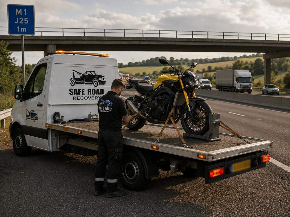 Yamaha Motorbike Towing on M1 Motorway near Junction 25