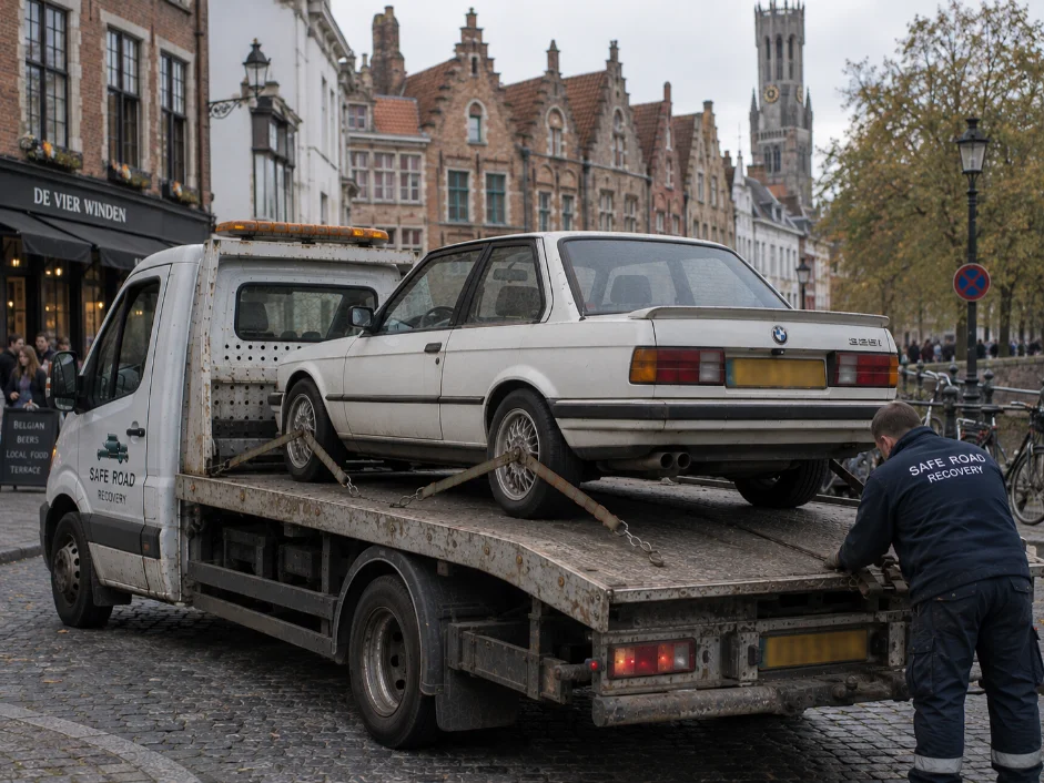 BMW E30 Classic Car Towing from Bruges Belgium to UK