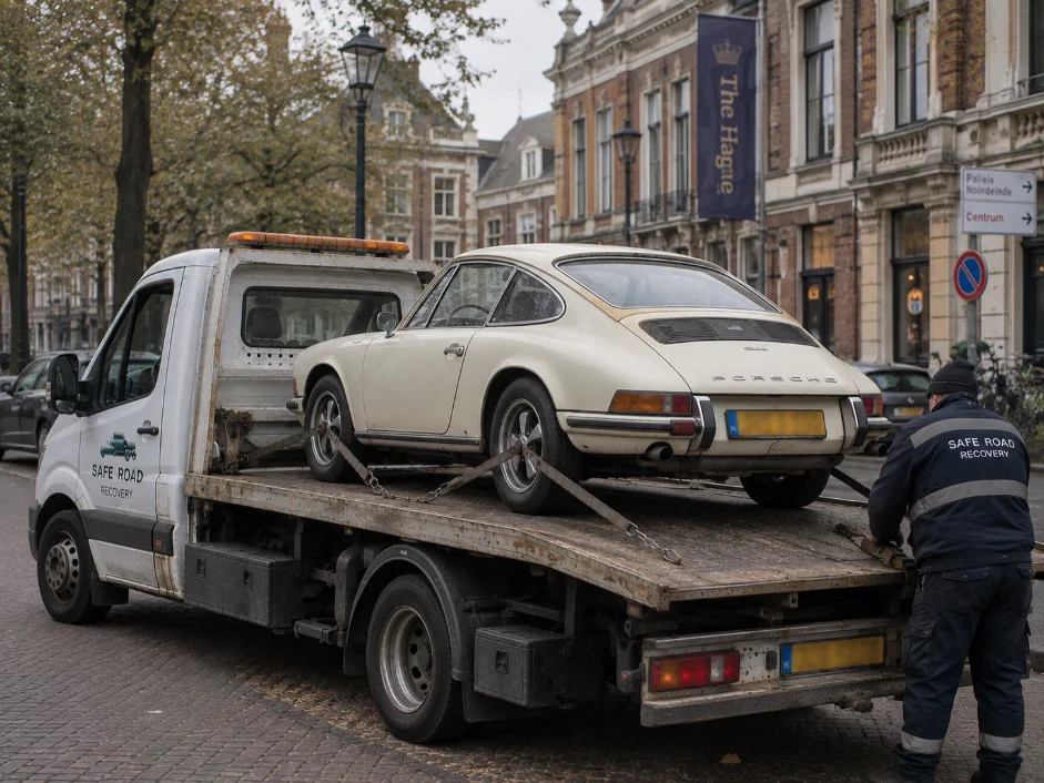 Porsche 911 Classic Car towing in the Hague, Netherlands
